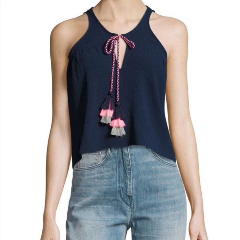 Romeo and Juliet Couture Tank - Navy with Neon Tassels - Small